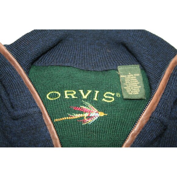 Orvis Merino Wool Quarter Zip Sweater Mens L Blue Leather Trim Heritage Luxury - Picture 2 of 6
